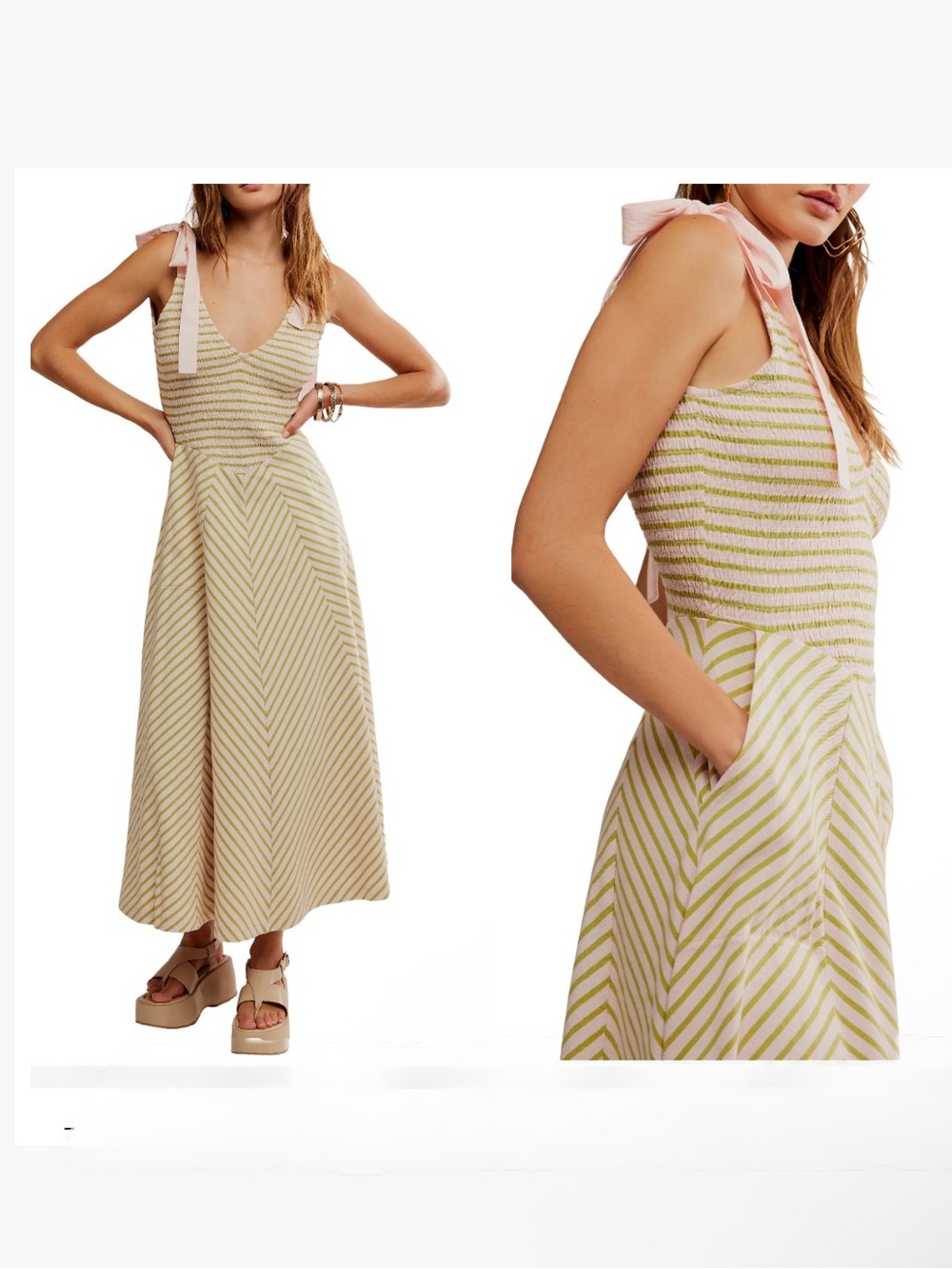 Striped Tie-Shoulder Maxi Dress in Cream and Green